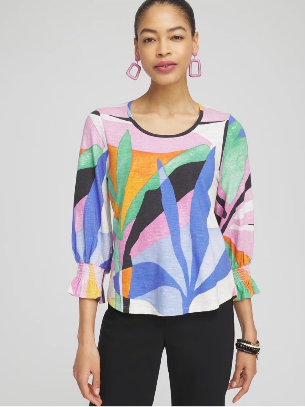 Chico's Floral Smocked 3/4 Sleeve Top